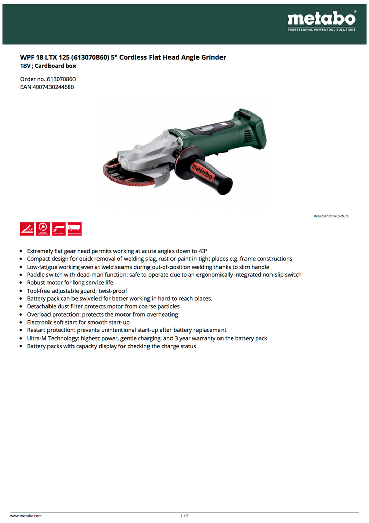 Metabo 18 LTX 125 5" Cordless Flat Head Angle Grinder - 613070860