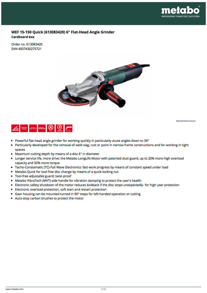 Metabo WEF 15-150 Quick 6" Flat-Head Angle Grinder - 600636620
