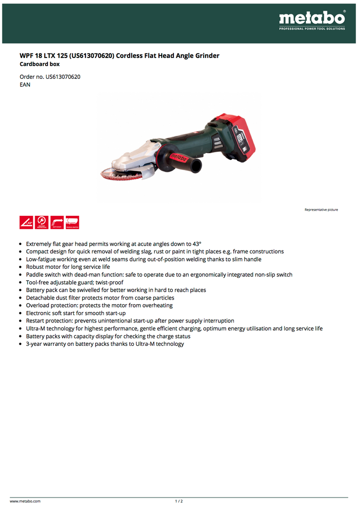 Metabo WPF 18 LTX 125 Cordless Flat Head Angle Grinder - US613070620