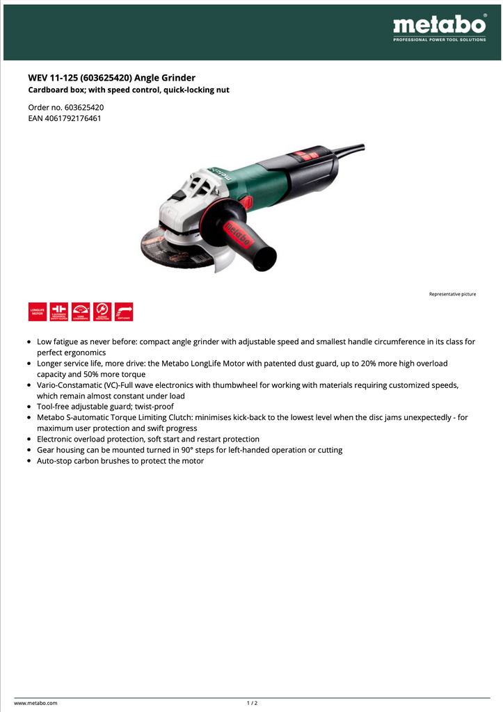 Metabo Grinder Spec Sheet