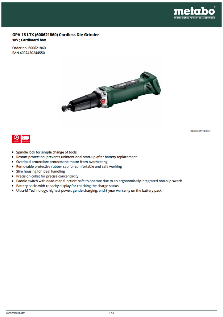 Metabo GPA 18 LTX Cordless Die Grinder - 600621860