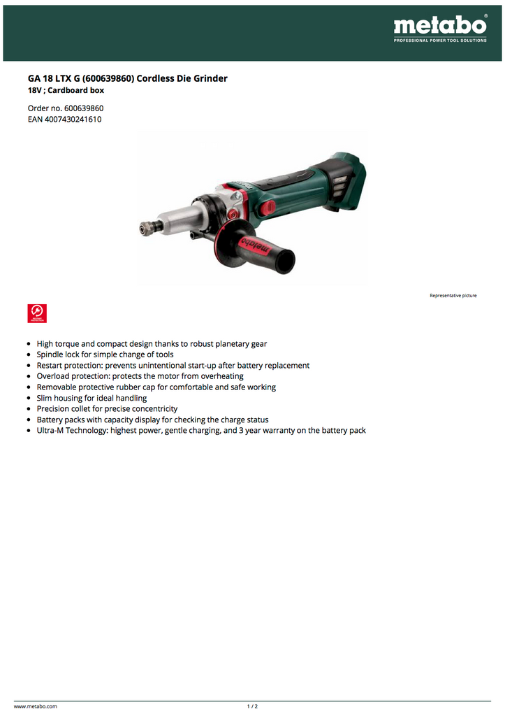 Metabo GA 18 LTX G Cordless Die Grinder - 600639860