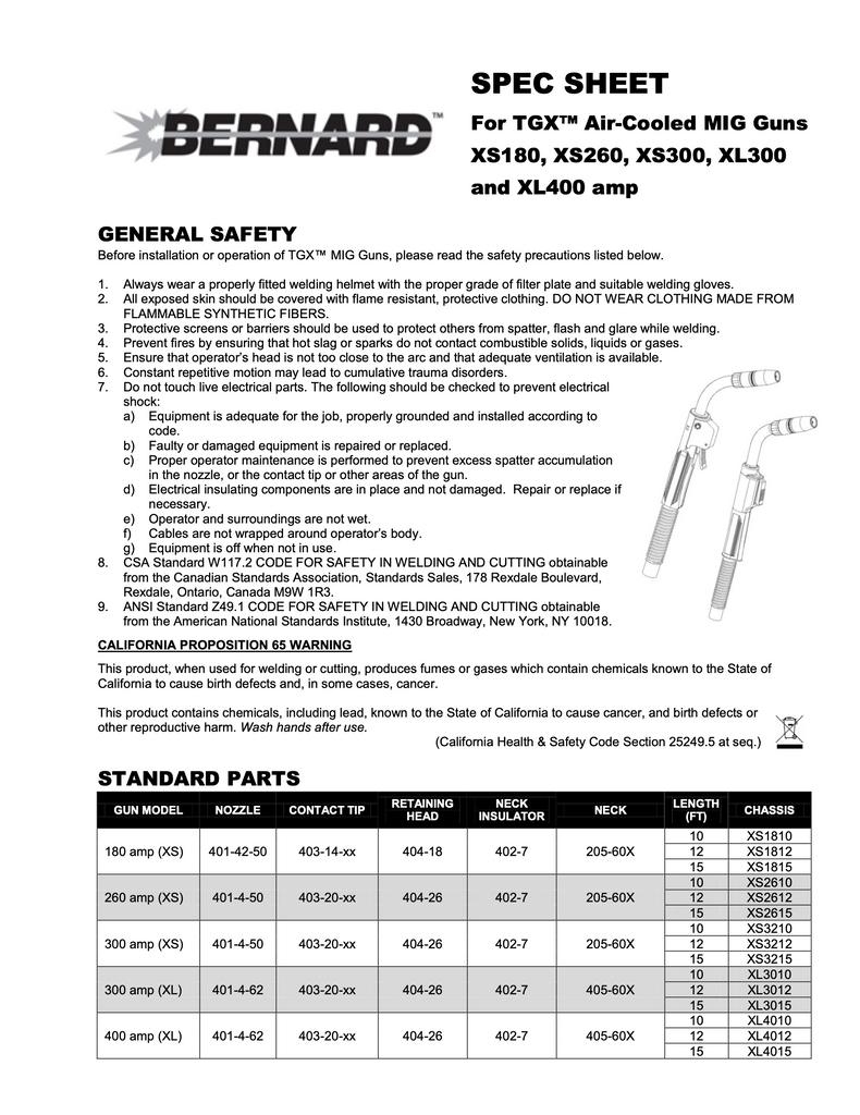 Bernard MIG Gun Spec Sheet