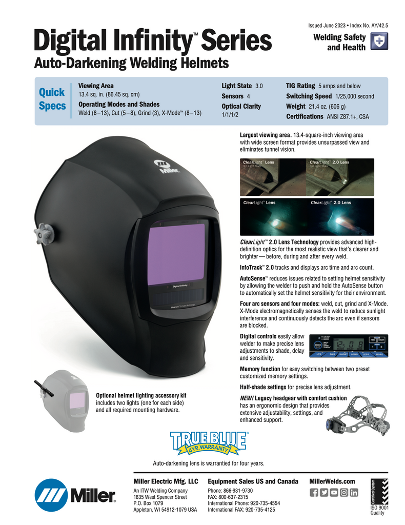 Miller Digital Infinity Welding Helmet Spec Sheet