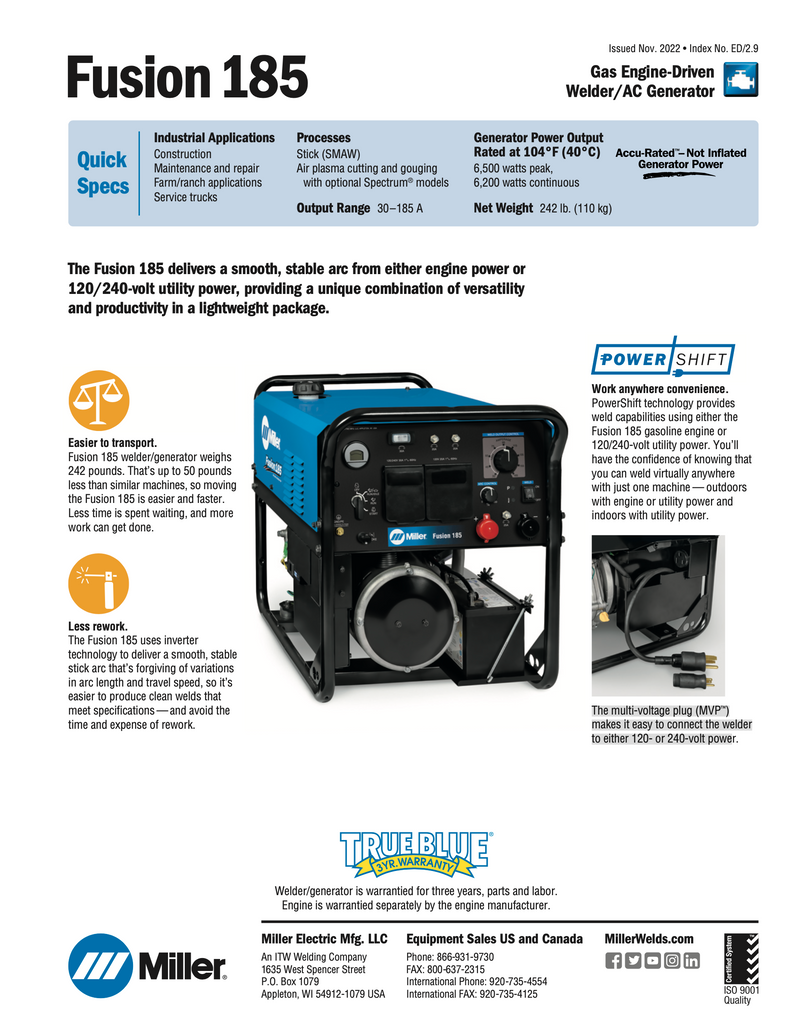 Miller Fusion 185 Engine Drive Welder Spec Sheet