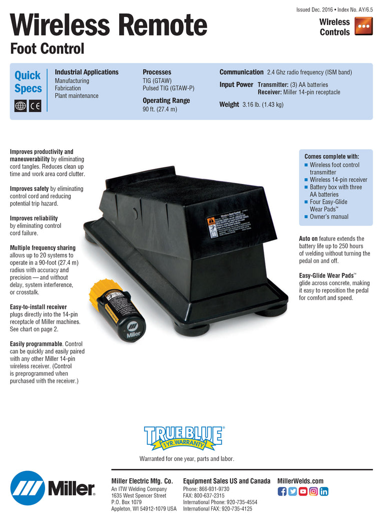 Miller Wireless Foot Control Spec Sheet