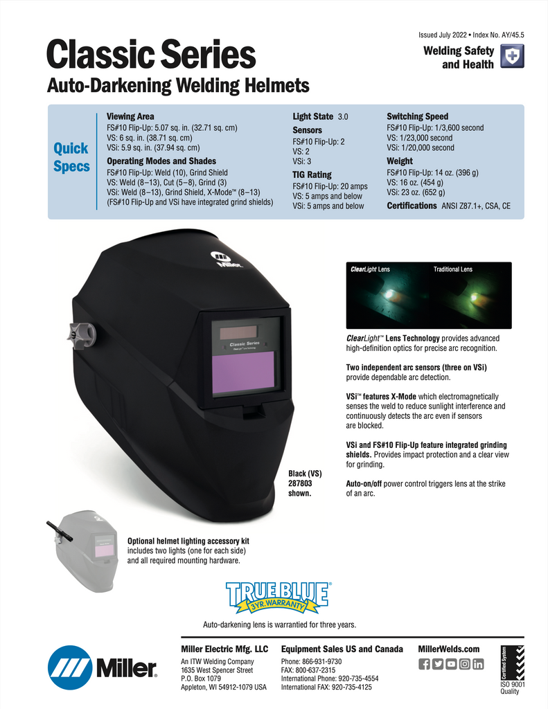 front page of spec sheet for miller classic series welding helmet