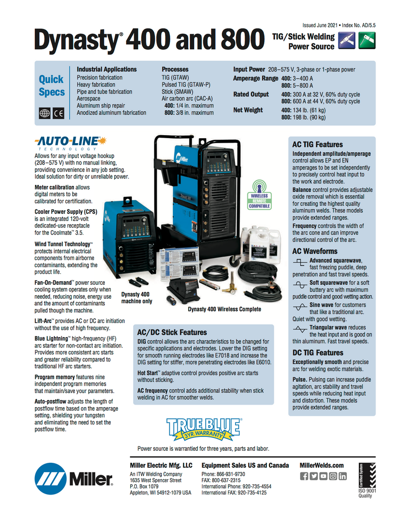 Miller Dynasty 400 and 800 Spec Sheet