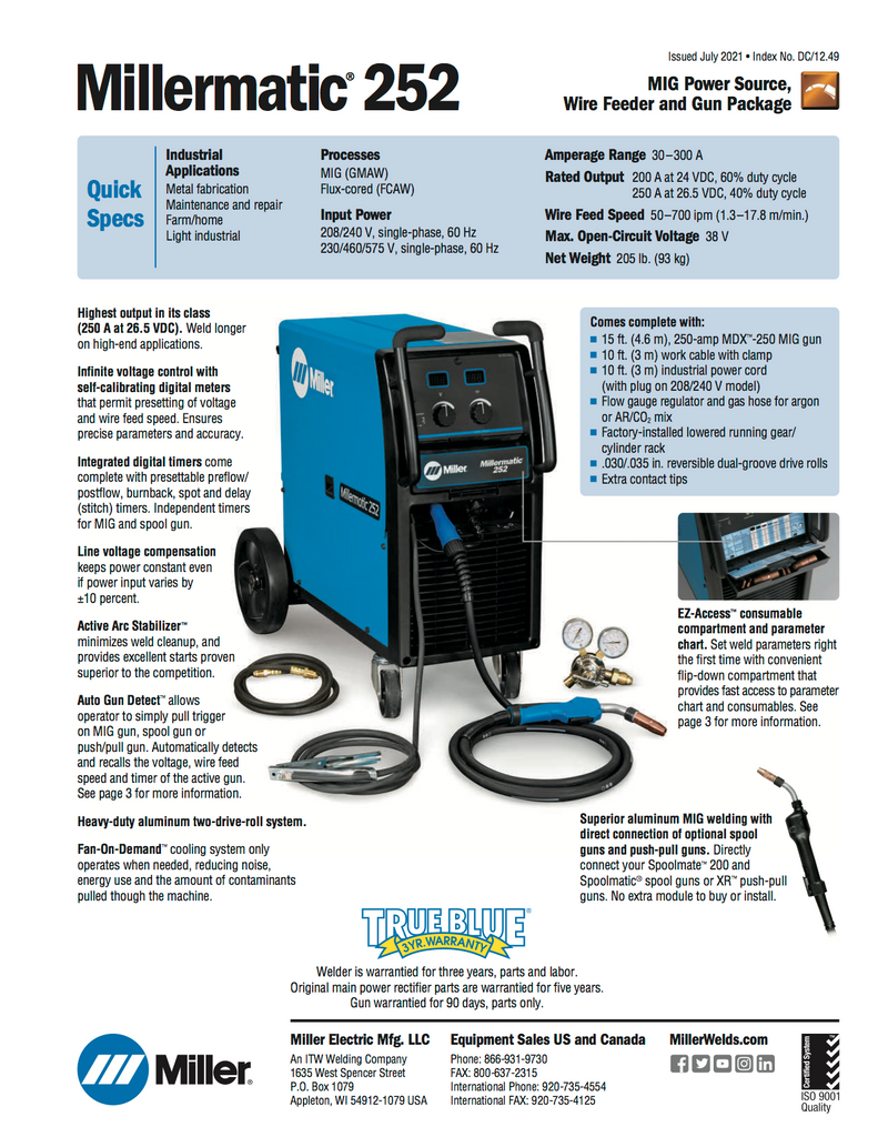 Miller Millermatic 252 Spec Sheet Cover