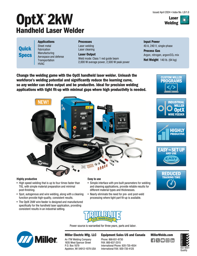 Miller OptX 2kW Handheld Laser Welder - 951000109 spec sheet