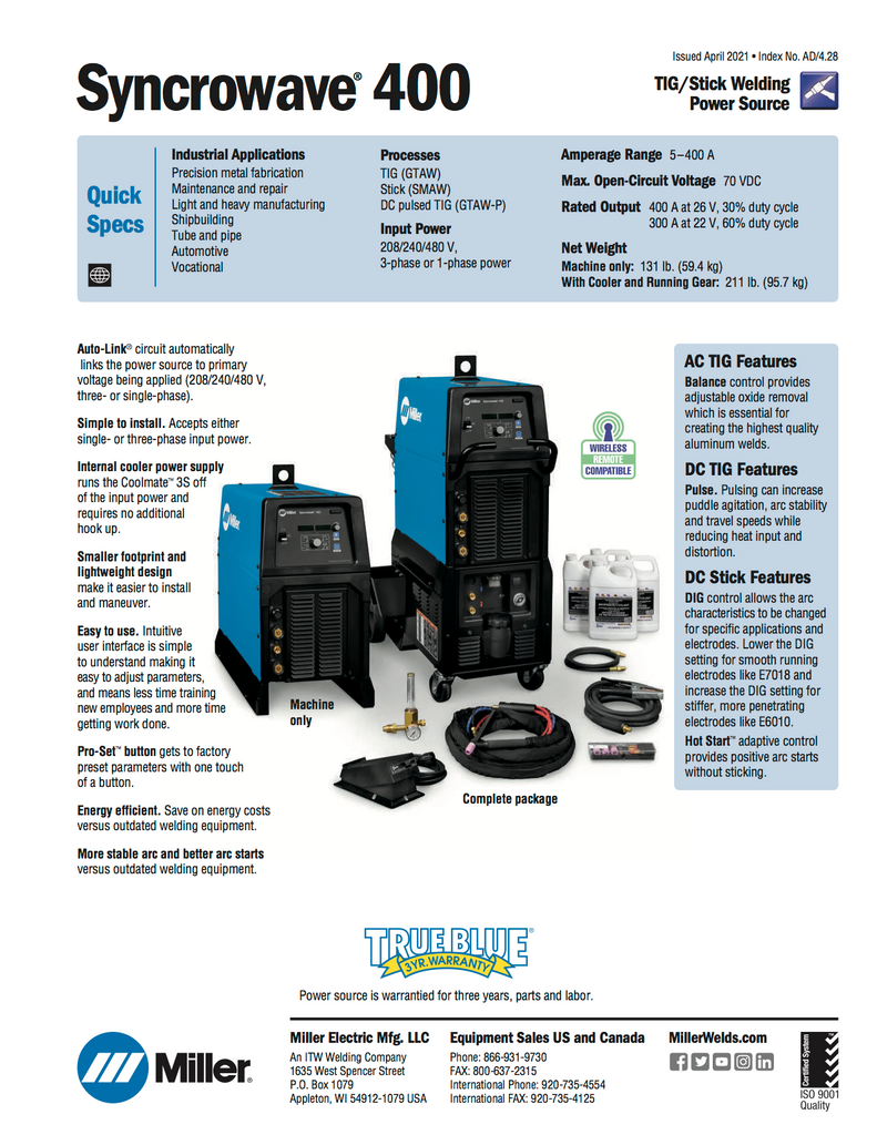 Miller Syncrowave 400 Spec Sheet