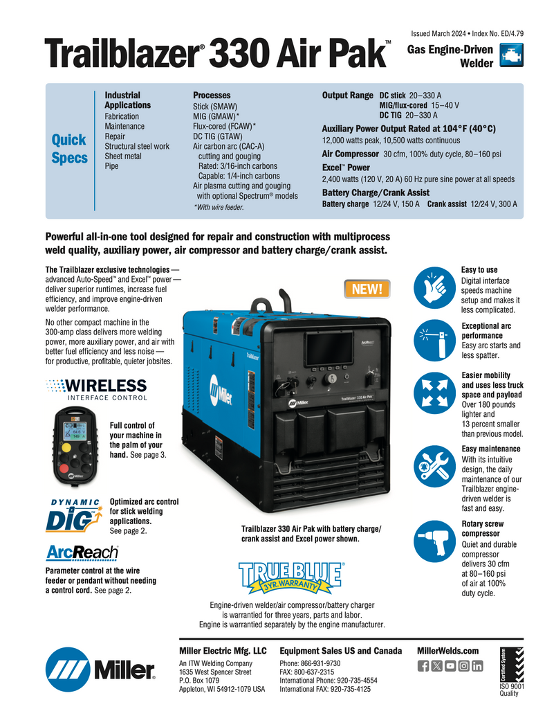 Miller Trailblazer 330 Air pak Spec Sheet