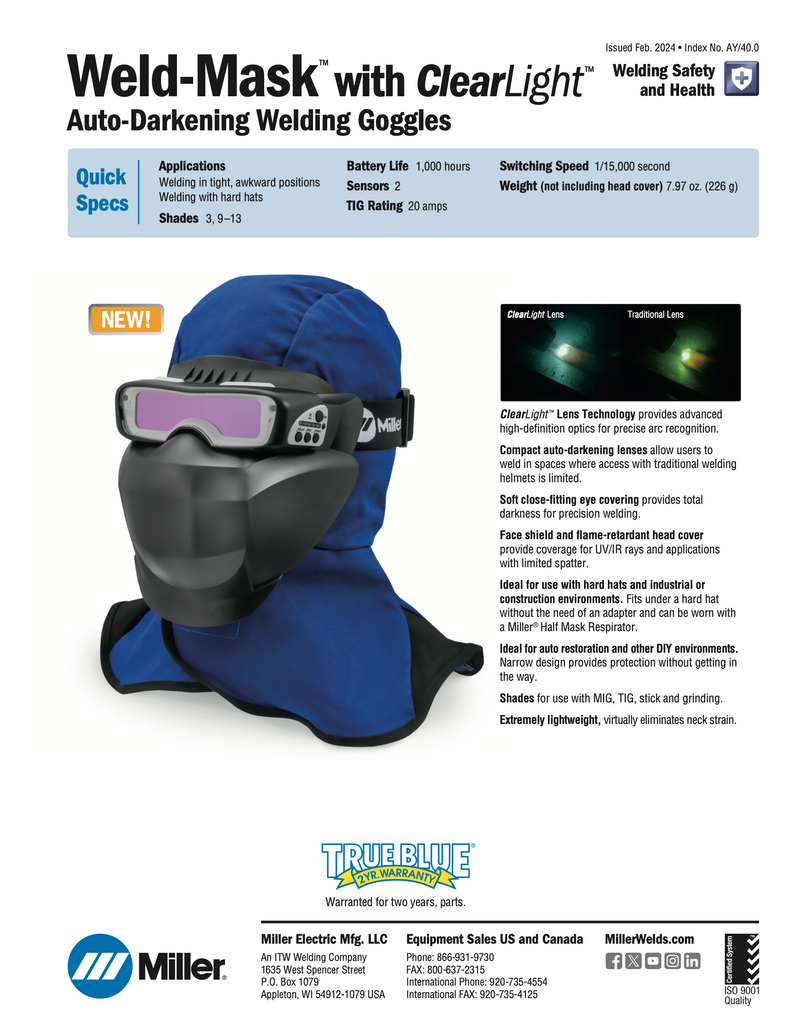 Miller Weld-Mask Clearlight Goggles Specifications