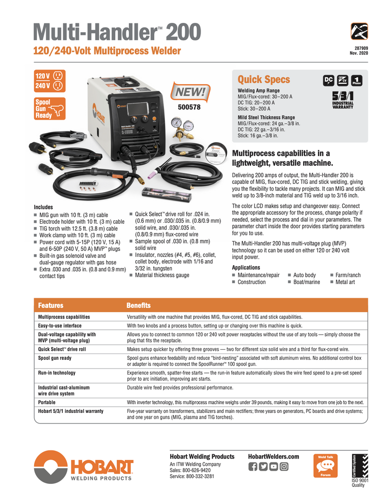 Hobart Multi-Handler 200 Multiprocess Welder Spec Sheet