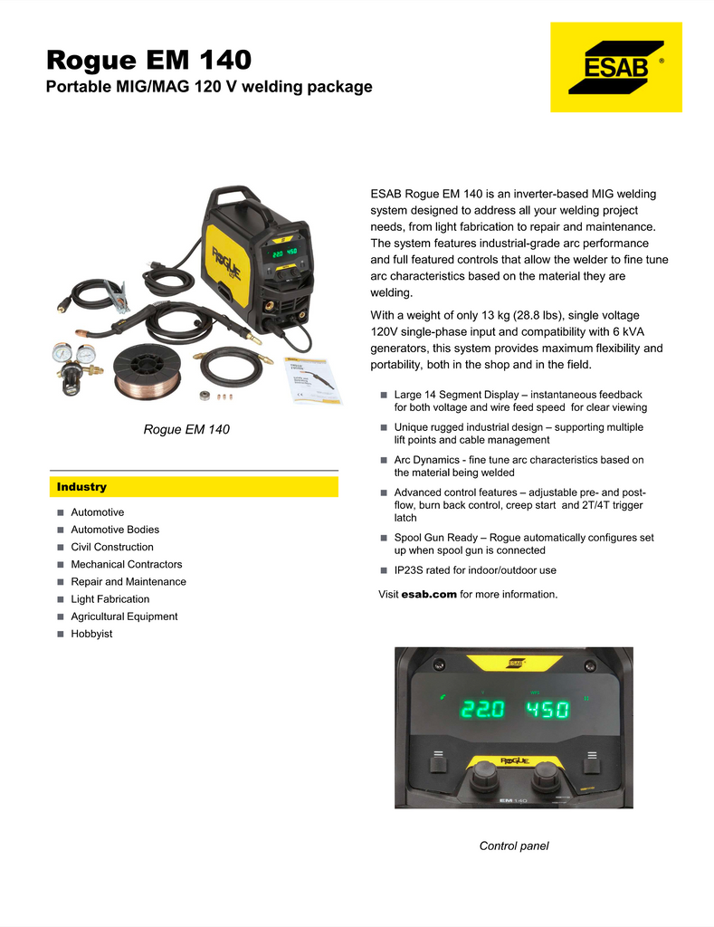 ESAB Rogue EM 140 Spec Sheet