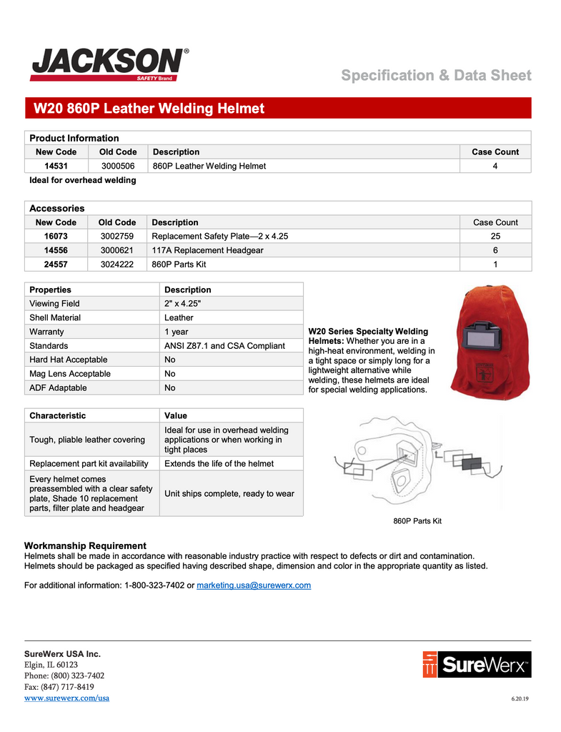 Jackson WH20 Leather Helmet Spec Sheet