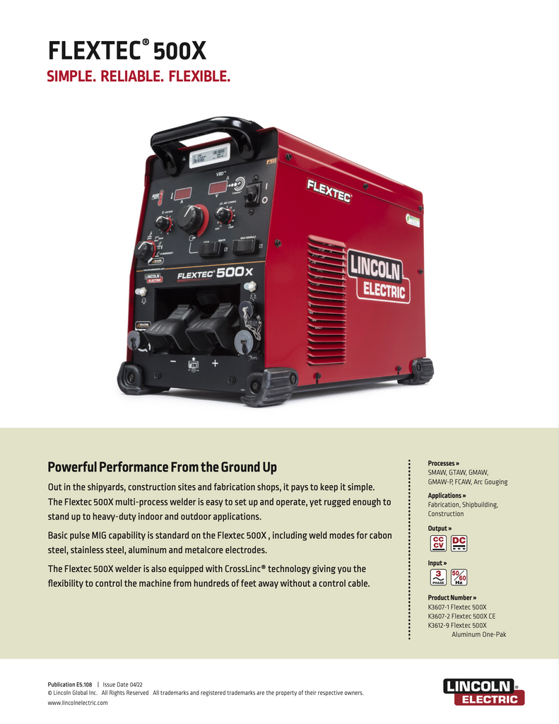 Lincoln Flextec 500X Spec Sheet