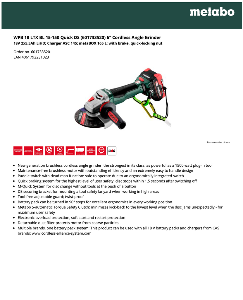 Metabo cordless angle grinder 601733520 spec sheet