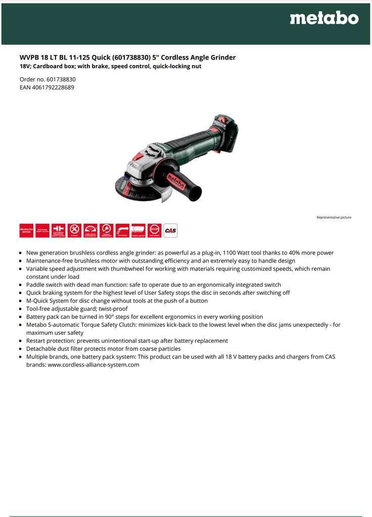 WVPB 18 LT BL 11-125 Quick (601738830) 5" Cordless Angle Grinder spec sheet