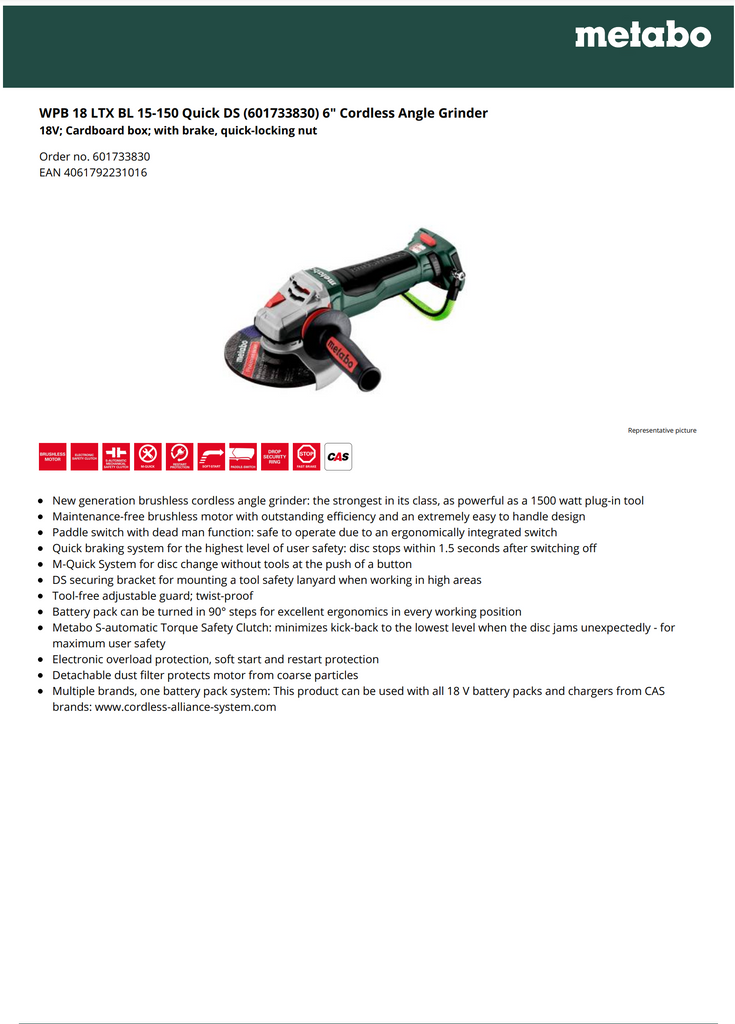 WPB 18 LTX BL 15-150 Quick DS (601733830) 6" Cordless Angle Grinder spec sheet