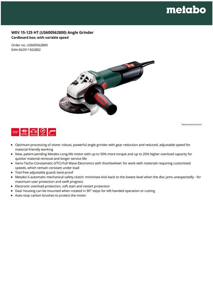 WEV 15-125 HT 5" Angle Grinder - US600562800 Spec sheet