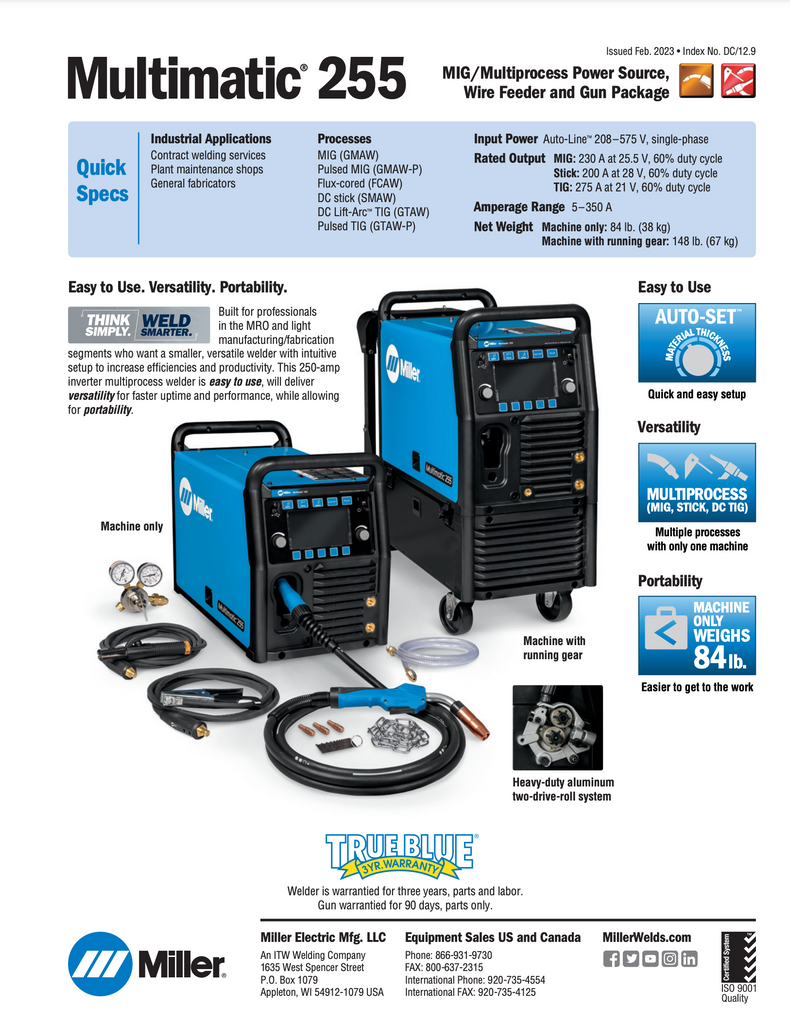 Mutlimatic 255 Spec Sheet