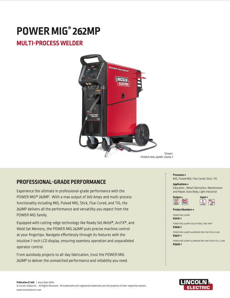 Power MIG 262MP Spec Sheet