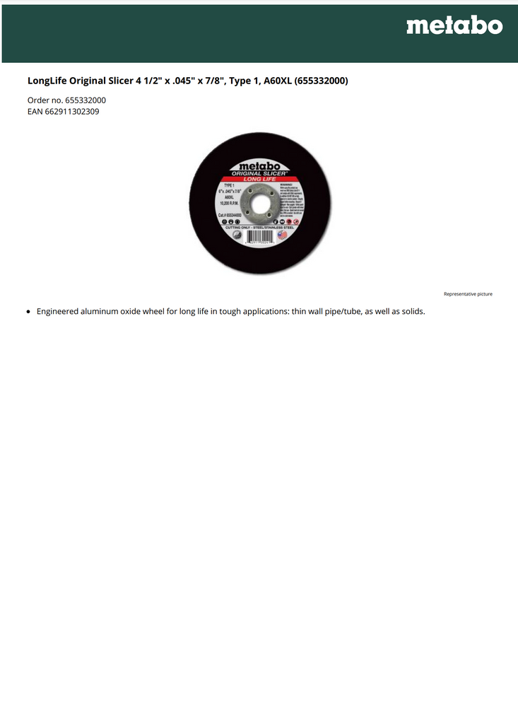 LongLife Original Slicer 4 1/2" x .045" x 7/8", Type 1, A60XL (655332000)