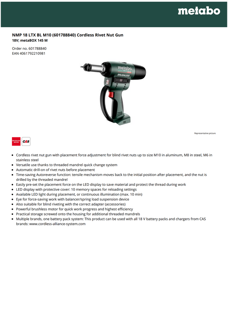 NMP 18 LTX BL M10 (601788840) Cordless Rivet Nut Gun