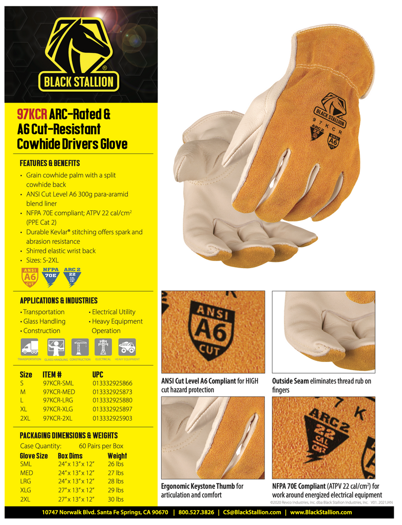 Black Stallion ARC-Rated & A6 Cut-Resistant Cowhide Drivers Glove - 97KCR