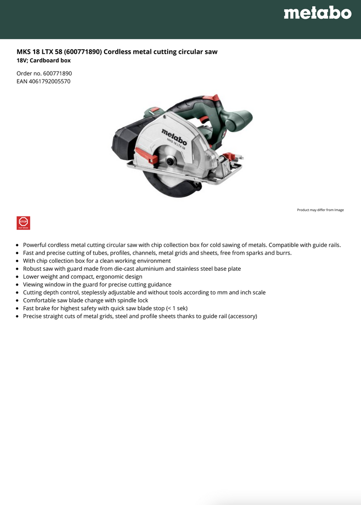 Metabo Spec Sheet