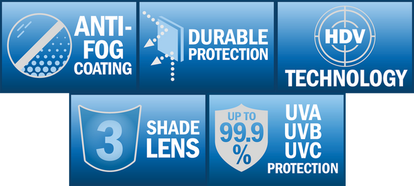 Anti-Fog - Durable Protection - HDV Technology - Shade 3 Lens - 99.9% UVA UVB UVC Protection
