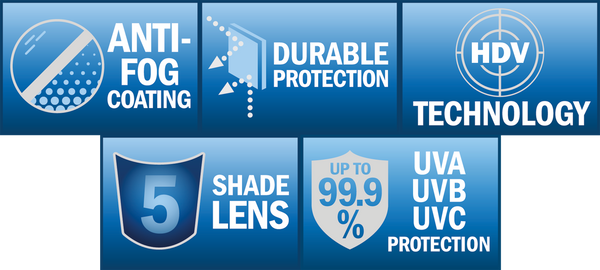 Anti-Fog - Durable Protection - HDV Technology - 99.9% UVA UVB UVC Protection - Shade 5 Lens
