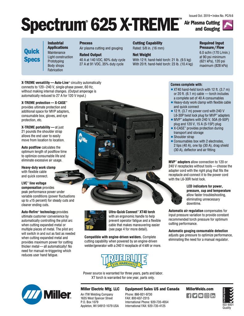 Miller Spectrum 625 X-TREME Plasma Cutter w 12 ft. XT40 torch - 907579 Spec Sheet