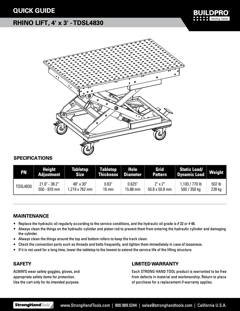 Strong Hand BuildPro Welding Table Lift Spec Sheet