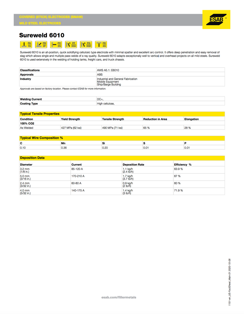 ESAB Sureweld 6010 Stick Electrodes Datasheet