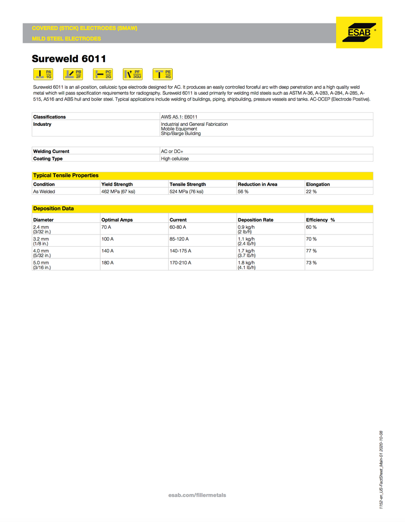 ESAB Sureweld 6011 Stick Electrode Data Sheet