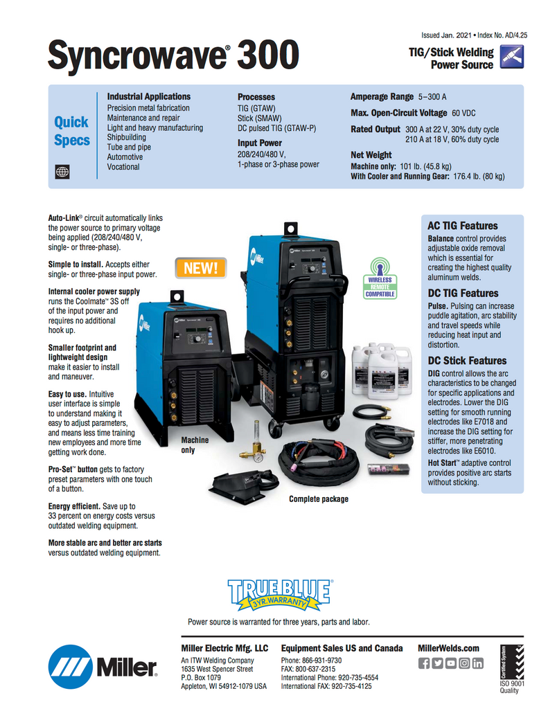 Miller Syncrowave 300 Spec Sheet and Data