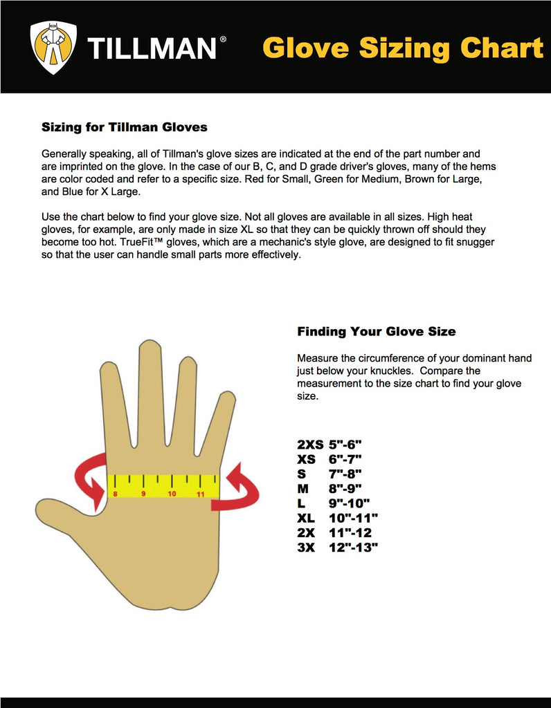 Tillman glove sizing chart