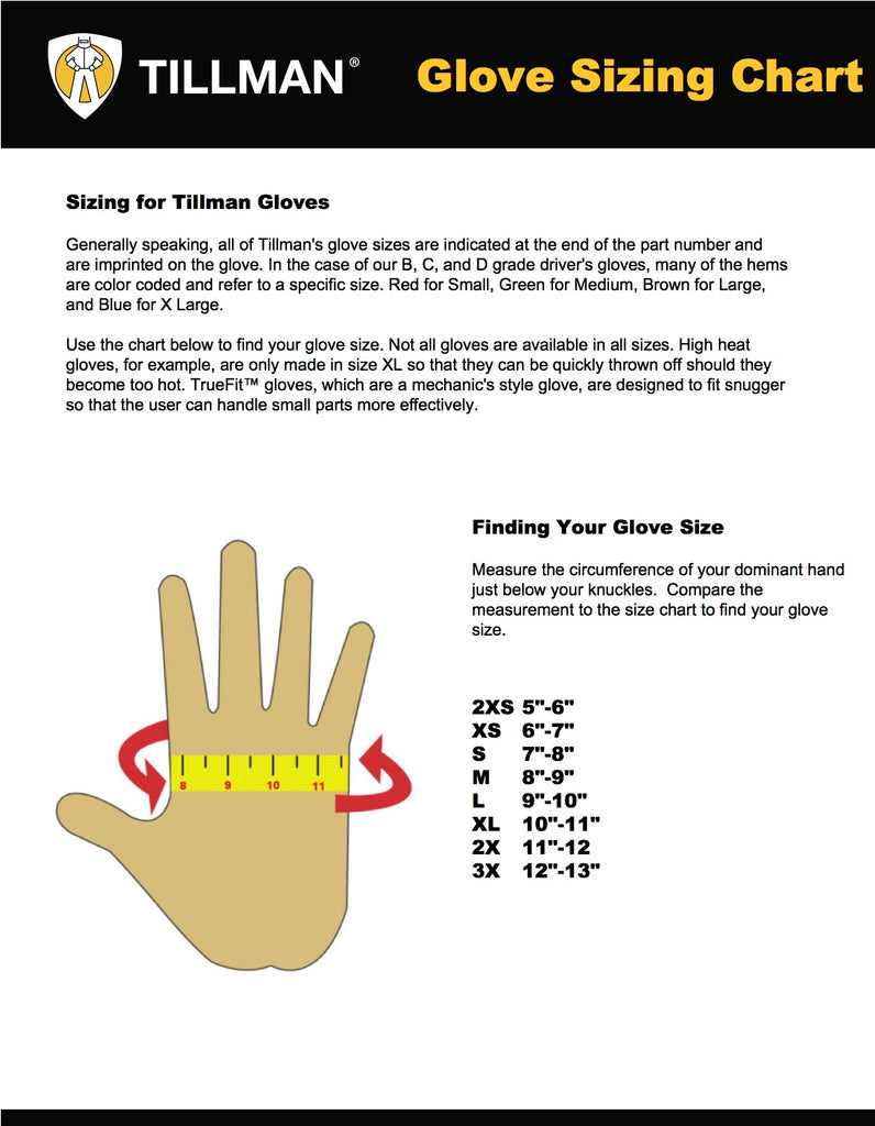 Tillman glove size chart