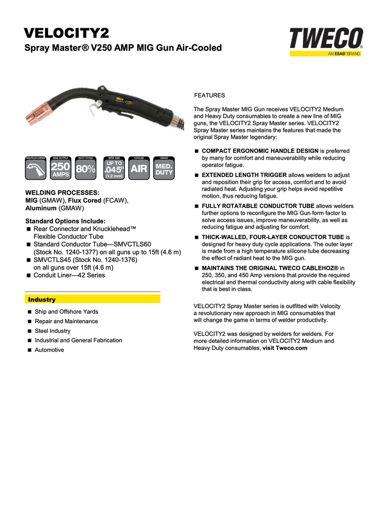 Tweco Velocity Spray Master V250 Spec Sheet