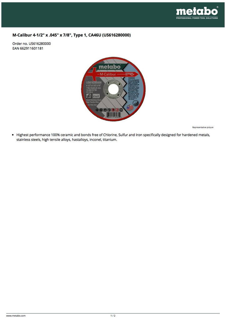 Metabo M-Calibur 4-1/2" x .045" x 7/8", Type 1, CA46U (US616280000)