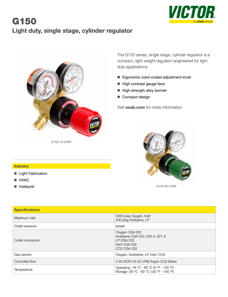 Victor Light Duty G150 Regulator SPec Sheet