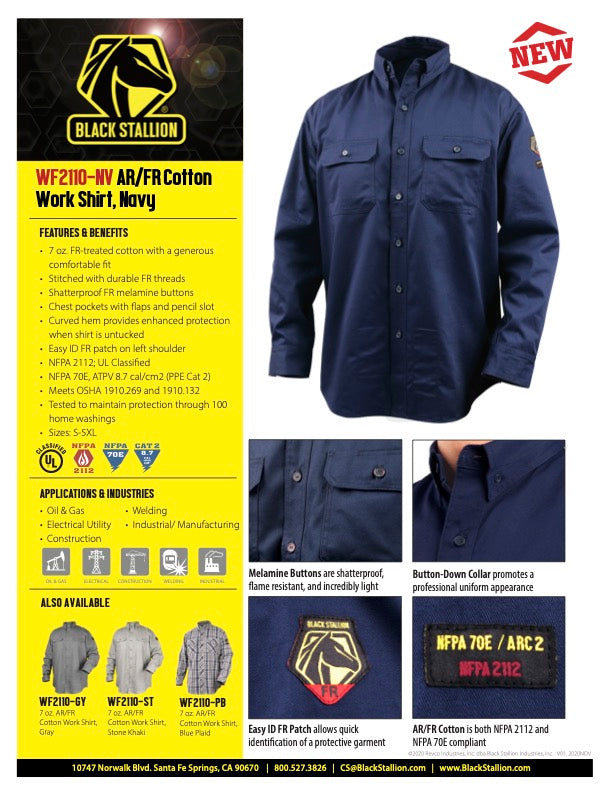 Black Stallion AR/FR Cotton Work Shirt, Navy - WF2110-NV