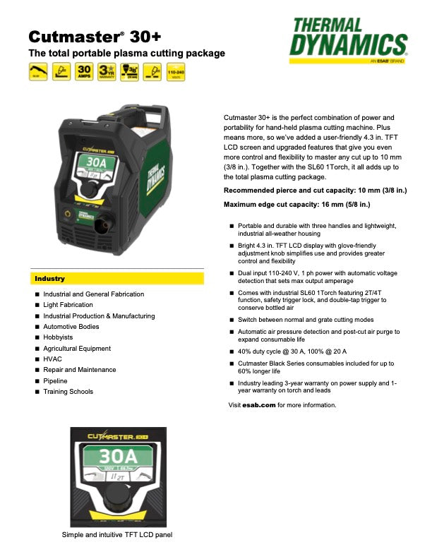 Thermal Dynamics Cutmaster 30+ Spec Sheet