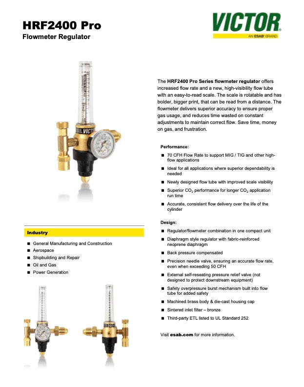 Victor HRF2400 Pro Argon Flow meter spec sheet