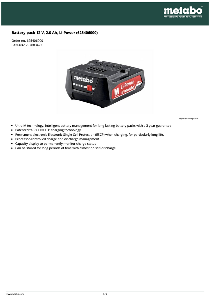 Metabo 12V 2.0 Ah Li-Ion Battery Pack - 625406000 Spec Sheet