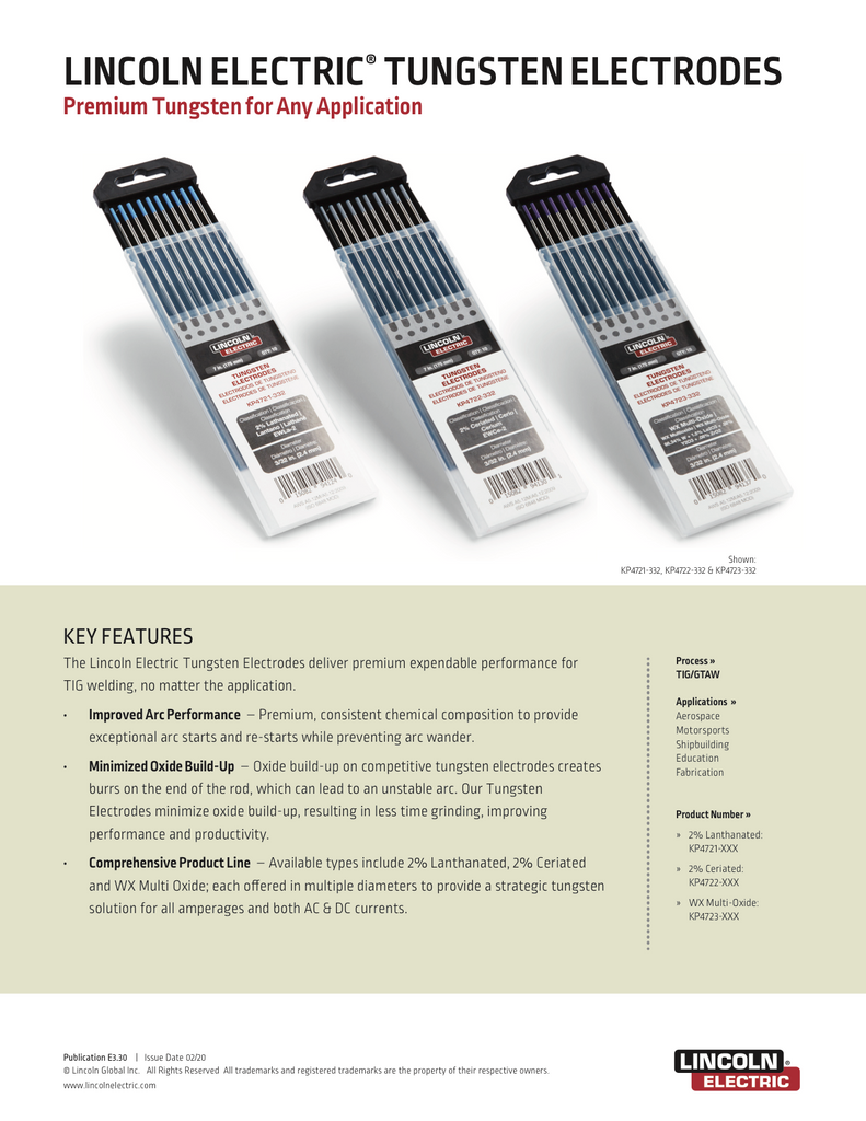 Lincoln Electric 2% Lanthanated Tungsten Spec Sheet