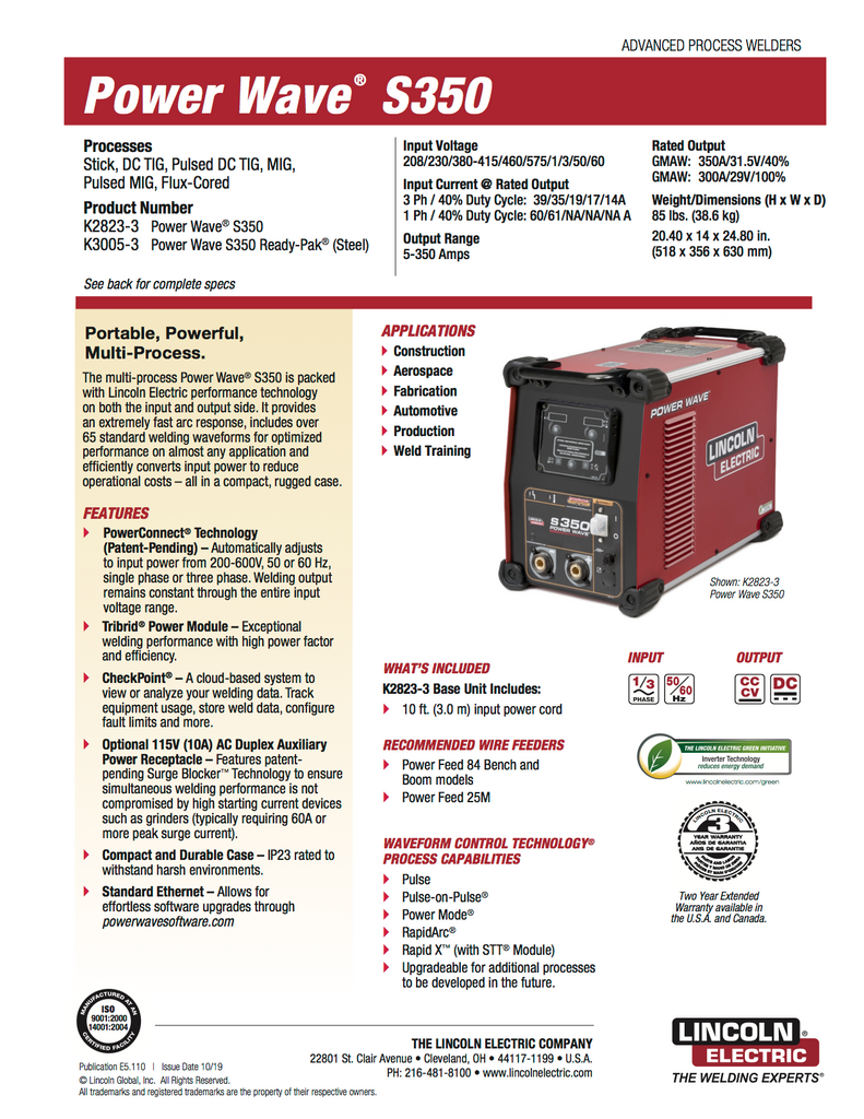 Lincoln Power Wave S350 Spec Sheet