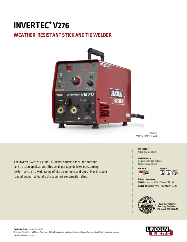 Lincoln Invertec V276 - K4868-1 Spec Sheet